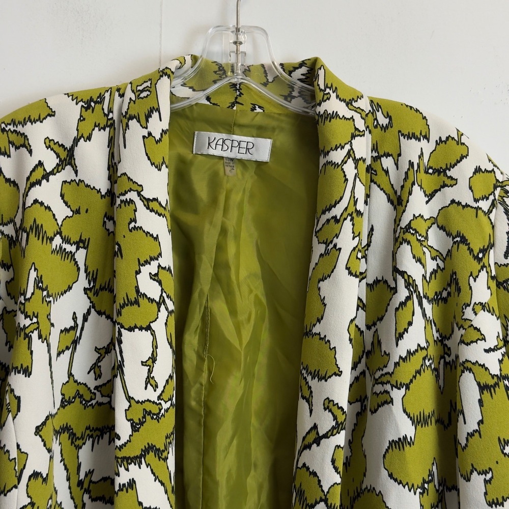 Kasper Womens Green White Abstract Floral Open Front Blazer Jacket Plus Size 16W - Picture 2 of 7